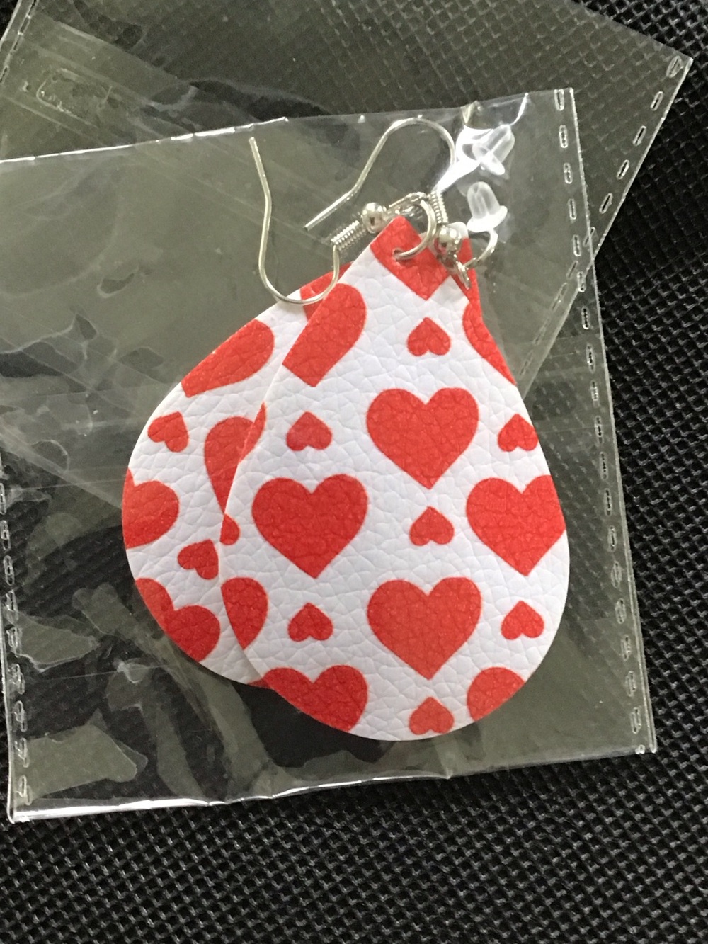 3/$11 NWOT! White Teardrop Earrings with Red Heart Print